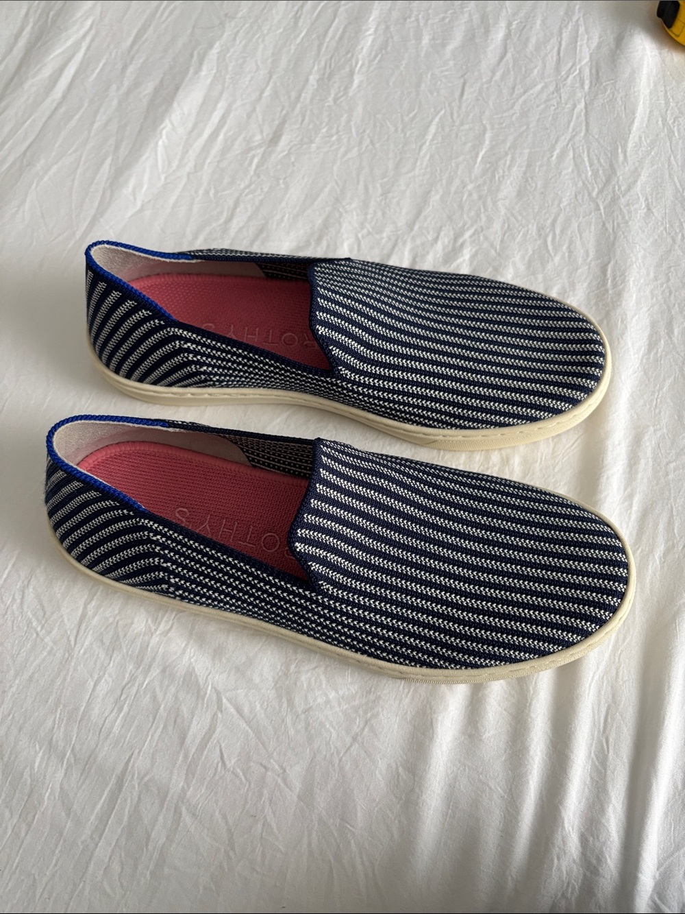 Rothy's Navy and White Striped Slip-On Loafers